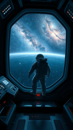Astronaut Marvels at Universe from Futuristic Spaceship