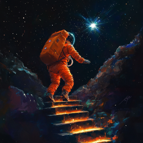 Astronaut climbs glowing steps towards star in space.  Astronaut climbs glowing steps towards star in space.