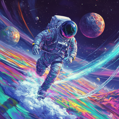 Astronaut in spacesuit running on colorful planet. Sky dark.