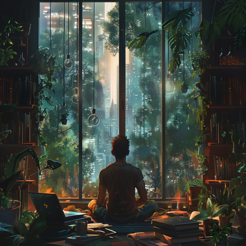 Athletic Man Coding in Cozy, Plant-Filled Room Athletic Man Coding in Cozy, Plant-Filled Room