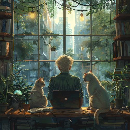 Athletic Man Working in Cozy Room with Futuristic View Athletic Man Working in Cozy Room with Futuristic View