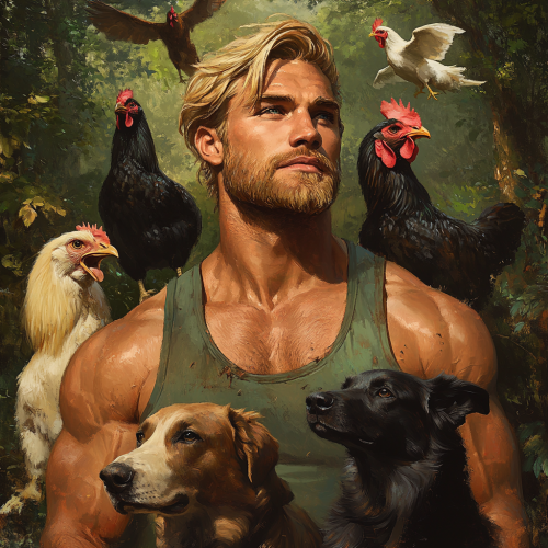 Athletic man with dogs and chickens in Georgia forest