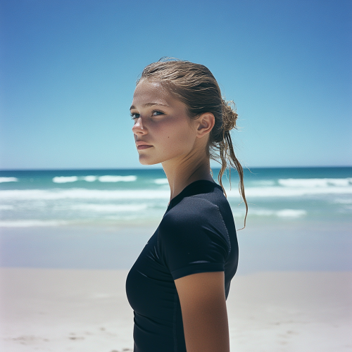 Athletic woman in black shirt on sunny beach