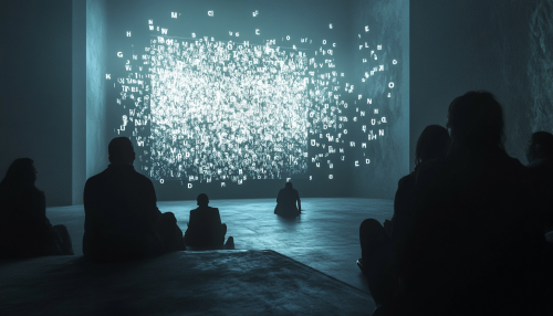 Audience watching emotional video screen filled with glowing letters