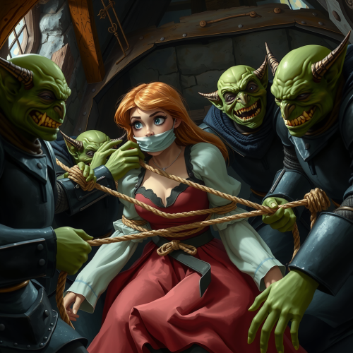 Aurora captured by evil goblins in medieval cottage.