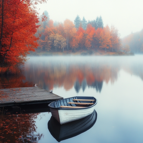 Autumn Morning Tranquility: Misty Lake Reflection