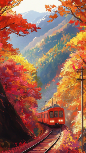 Autumn Train Journey Through Colorful Mountains
