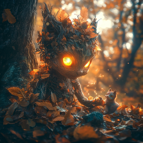 Autumn leaves forest spirit playing with woodland creatures, glowing. Autumn leaves forest spirit playing with woodland creatures, glowing.
