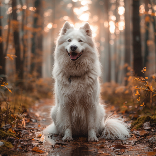 Autumn photo captures happy dog in forest setting. Autumn photo captures happy dog in forest setting.