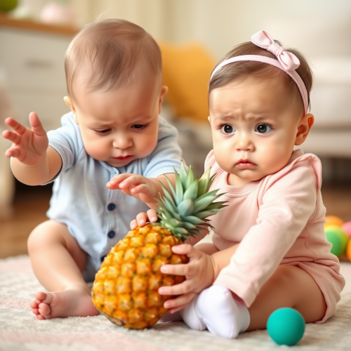 Babies Playfully Fighting Over a Pineapple