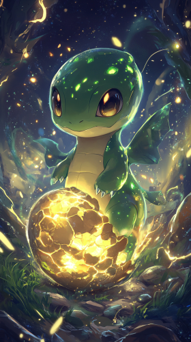 Baby Rayquaza emerges from cosmic egg, surrounded by stars. Baby Rayquaza emerges from cosmic egg, surrounded by stars.