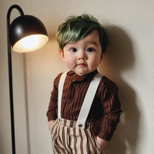 Baby dressed like Willy Wonka near lamp in room