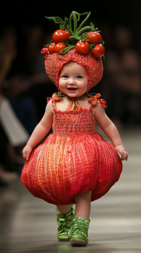 Baby girl in tomato outfit shines on runway