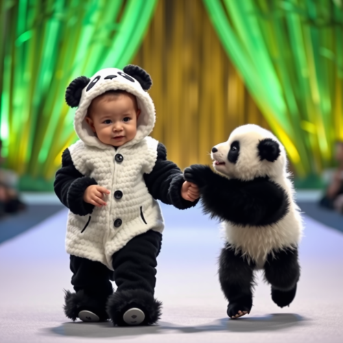 Baby in Panda Costume Walking with Panda Cub