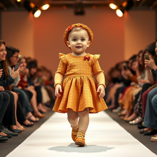 Baby walking confidently in apple pie-inspired outfit.