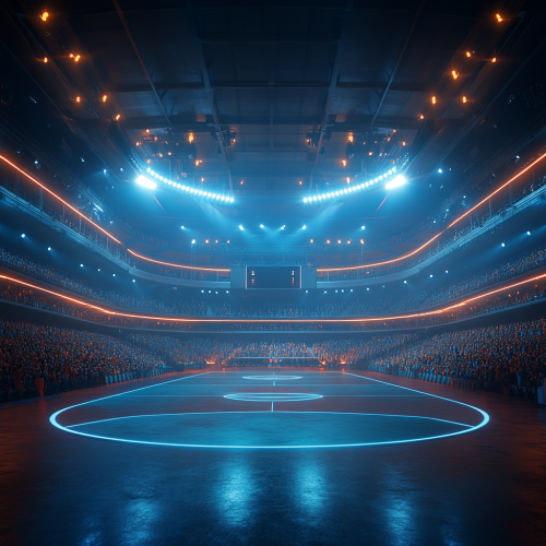 Background tech theme sports event space hall with crowd.