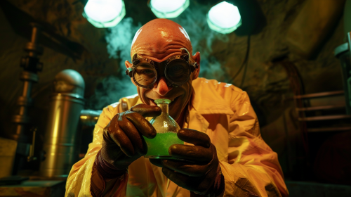 Bald Lex Luthor holding glowing green vial underground lab.