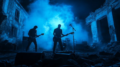Band plays in warzone ruins, neon blue album cover