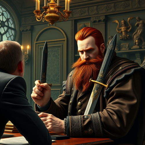 Banker with Daggers Negotiating in Grand Office Banker with Daggers Negotiating in Grand Office