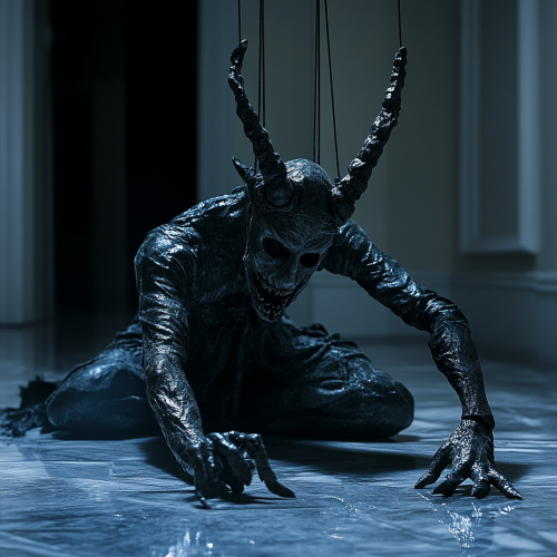 Baphomet puppet lies limp in dark mansion, spotlight dramatic.