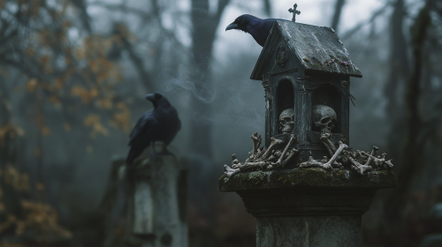 Baroque French Gothic birdhouse with raven, moody atmosphere.