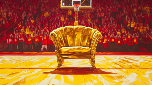 Basketball match with fans cheering, gold chair nearby