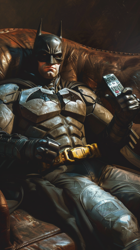 Batman lounging on sofa with TV remote in dim room