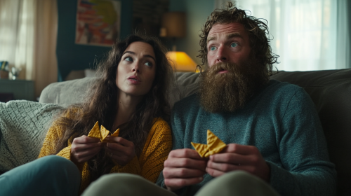 Bearded Couple Snacking on Sofa in Cinematic Style