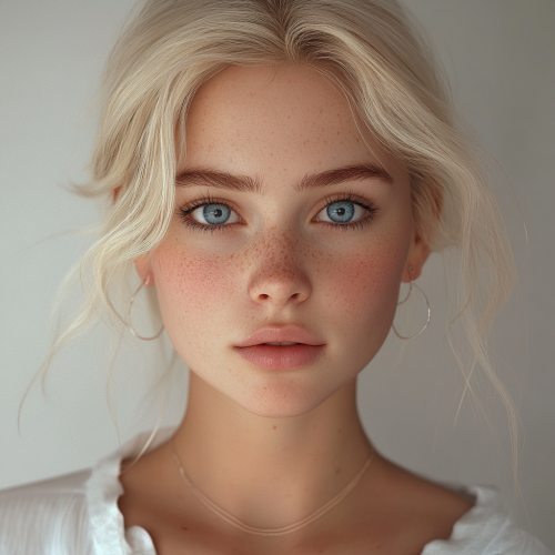 Beautiful Blonde Girl Takes Selfie with Jewelry indoors.