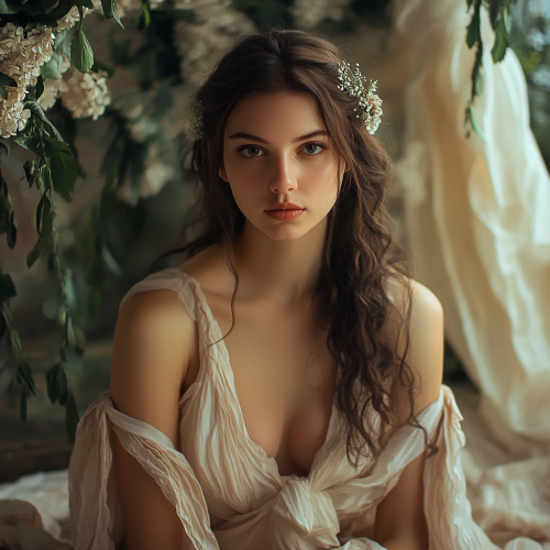 Beautiful Pandora in Greek attire, glowing with grace