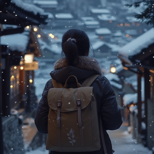 Beautiful Winter Scene of Korean Woman in Nordic Village