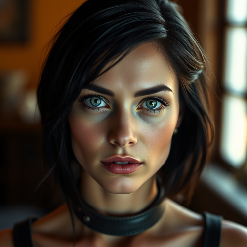 Beautiful Woman with Green Eyes in Leather Collar