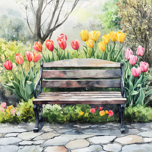 Beautiful bench in spring garden watercolor illustration Beautiful bench in spring garden watercolor illustration