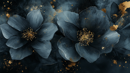 Beautiful big flowers with gold splashes on watercolor