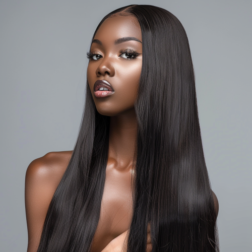 Beautiful black woman with long straight wig in studio