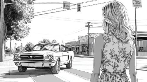 Beautiful blonde lady in dress walks towards retro car