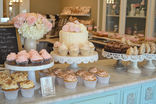 Beautiful cupcakes and enticing cake in bakery display
