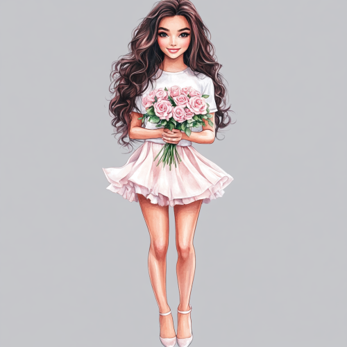 Beautiful girl wearing pink skirt with roses bouquet