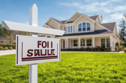 Beautiful home for sale with sign in yard