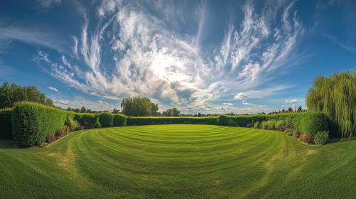 Beautiful lawn with hedges, clouds, and willows.