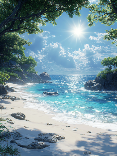 Beautiful nature view with water, blue sky, and sun