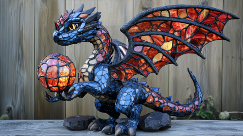 Beautiful navy dragon with red glass wings, holding fire globe.