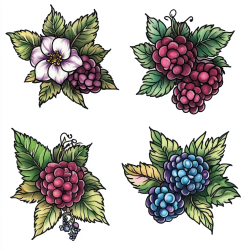 Beautiful tattoo of raspberry flower in different colors