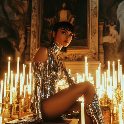 Beautiful vogue model in cyber theme dress, relaxed pose.