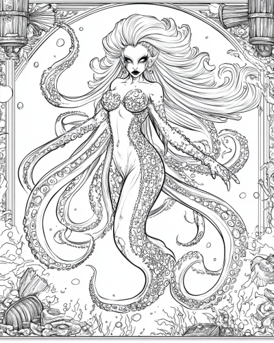Beautiful white Sea Witch with octopus body, human arms.