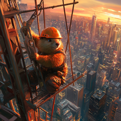 Beaver construction worker high above city with wrench