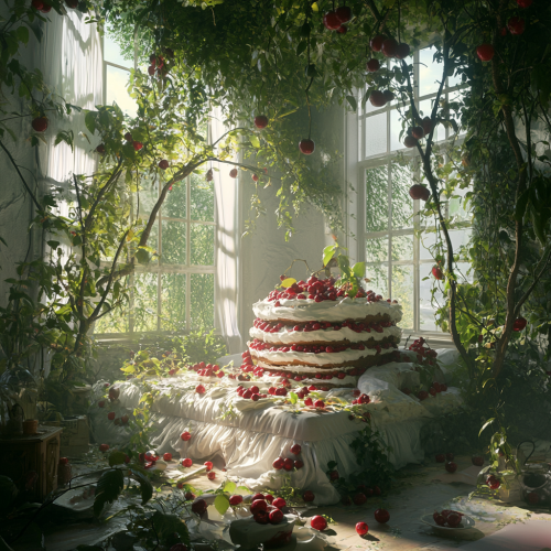 Bed designed like a giant cake with cherry trees.