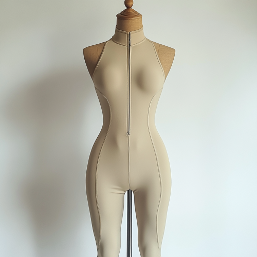 Beige jumpsuit with zipper on mannequin