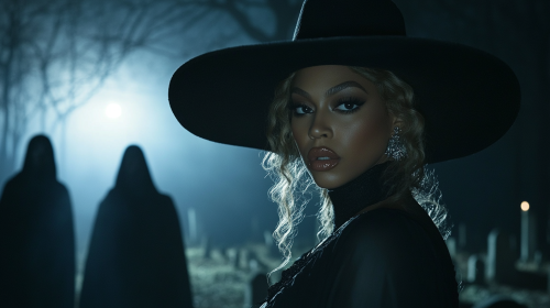 Beyoncé in hat and black outfit, snake eyes