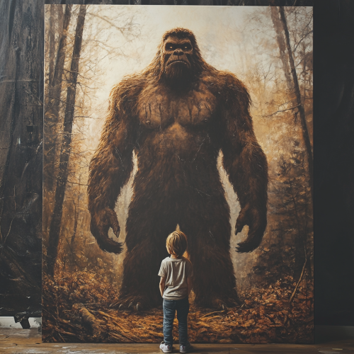 Big Foot staring at child in forest